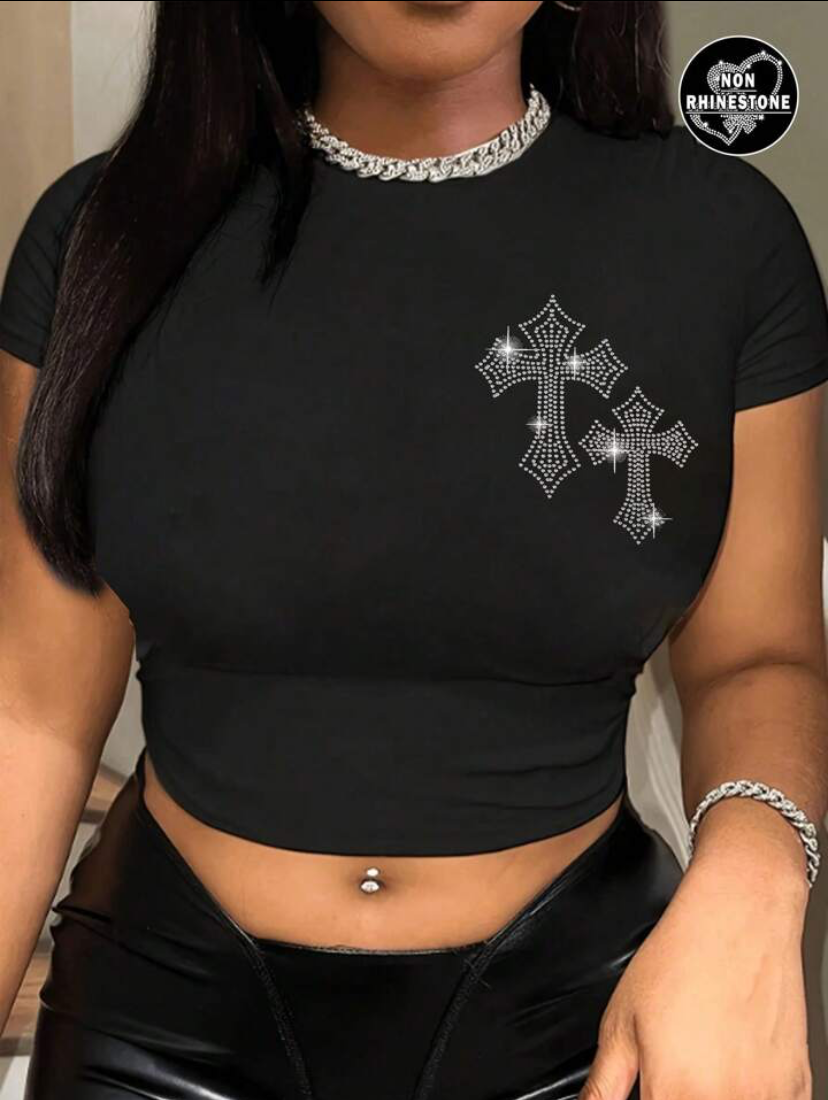 Rhinestone Cross Printed Crop Top