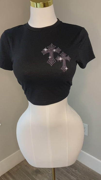 Rhinestone Cross Printed Crop Top